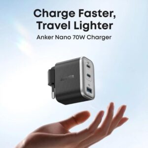Prime 70W GaN zidni brzi punjač, 3-porta (2x USB-C i 1x USB-A) crni