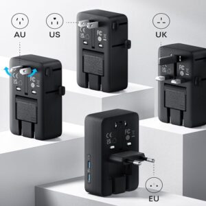 Nano 20W putni zidni punjač 5-portova (2x USB-A, 2x USB-C, utičnica EU na US, UK, AU i EU), crni