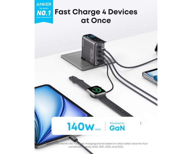140W zidni punjač 4-porta (3x USB-C, 1x USB-A), tamno sivi, USB-C kabl Punjači i auto držači za mobilne telefone SOPING.RS 41 140W zidni punjač 4-porta (3x USB-C, 1x USB-A), tamno sivi, USB-C kabl