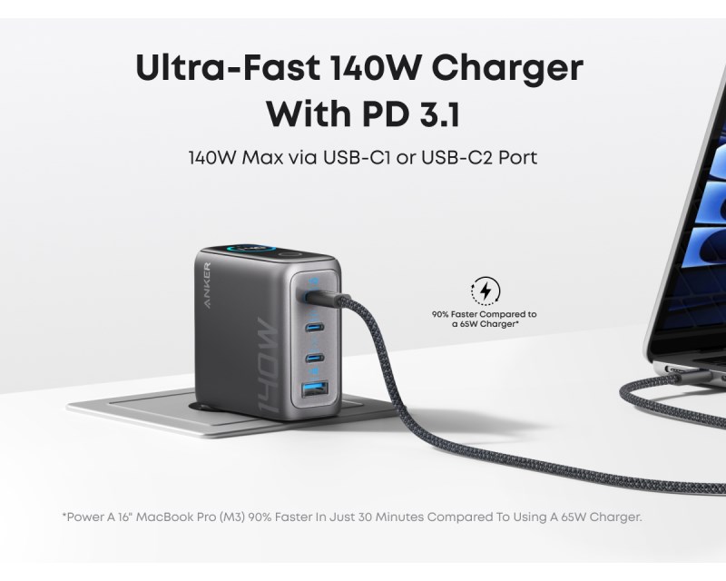 140W zidni punjač 4-porta (3x USB-C, 1x USB-A), tamno sivi, USB-C kabl Punjači i auto držači za mobilne telefone SOPING.RS 43 140W zidni punjač 4-porta (3x USB-C, 1x USB-A), tamno sivi, USB-C kabl - Слика 3