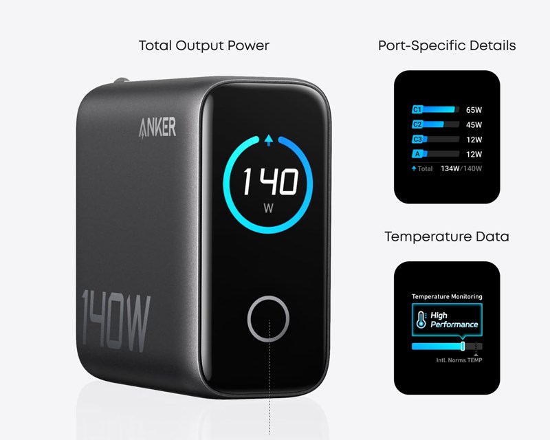 140W zidni punjač 4-porta (3x USB-C, 1x USB-A), tamno sivi, USB-C kabl Punjači i auto držači za mobilne telefone SOPING.RS 45 140W zidni punjač 4-porta (3x USB-C, 1x USB-A), tamno sivi, USB-C kabl - Слика 5