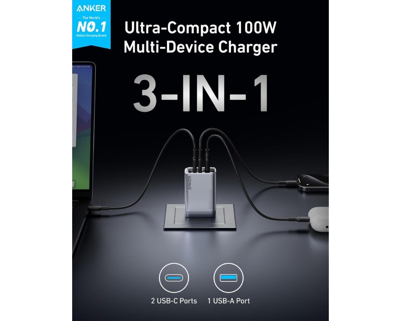 Prime 100W GaN zidni brzi punjač, 3-porta (2x USB-C i 1x USB-A) srebrni Punjači i auto držači za mobilne telefone SOPING.RS 42 Prime 100W GaN zidni brzi punjač, 3-porta (2x USB-C i 1x USB-A) srebrni - Слика 2